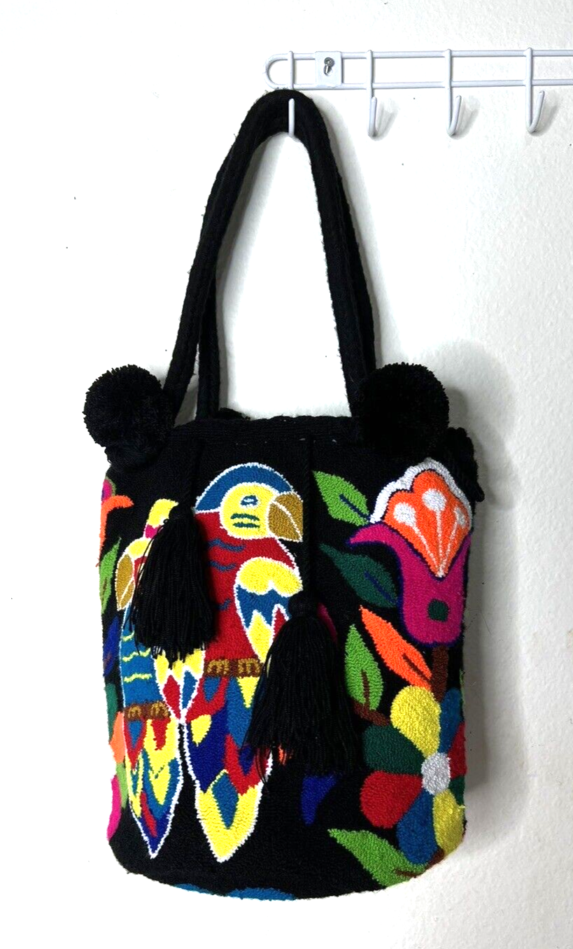 Colorful Boho Parrot Floral Fabric Lined Bucket Tote Bag Purse-image