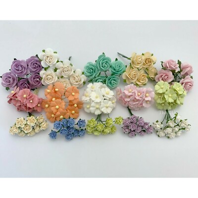 125 MIXED 3 Sizes Rainbow Open Rose Craft Paper Flower (R2/6/11-Kit Pastel-1)