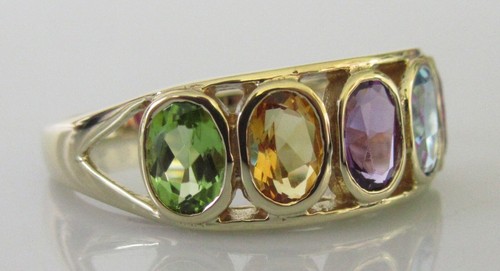 9ct Gold Ring-Gold Citrine Amethyst Garnet Topaz Peridot 5 Stone Ring Size N 1/2 - Picture 11 of 19