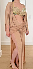 Modern Baladi Egyptian Belly Dance Costume Nude Gold Rhinestone Set Size M