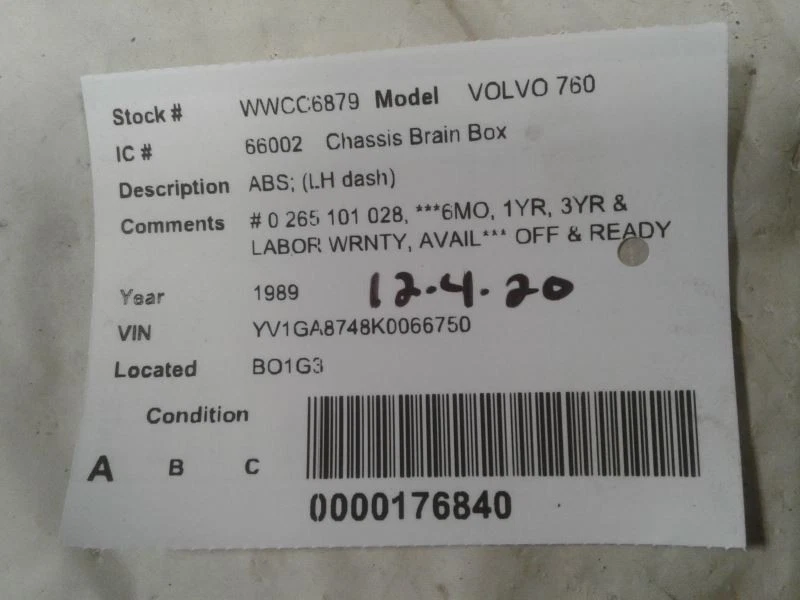 Chassis ECM ABS Left Hand Dash Fits 89-92 VOLVO 740 650295 - Image 3 of 3