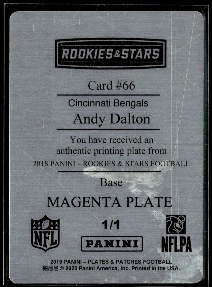 Andy Dalton 2019 Panini Plates & Patches 1/1 Magenta 2018 #66 Rookies & Stars - Image 2 of 2