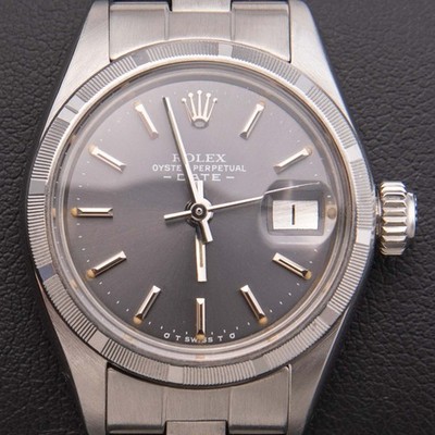 Rolex Date Engine-Turned Bezel Watch 26mm Slate Gray Dial