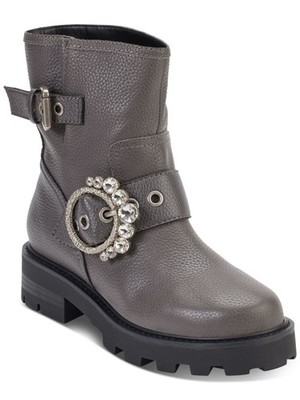 KARL LAGERFELD PARIS Womens Gray Marceau Toe Block Heel Leather Boots Shoes 9 M