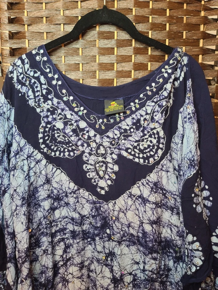 Rima Beach Kaftan 遮瑕连衣裙女式 OS 蓝色几何花卉宽袖 — 第 3/4 张图片