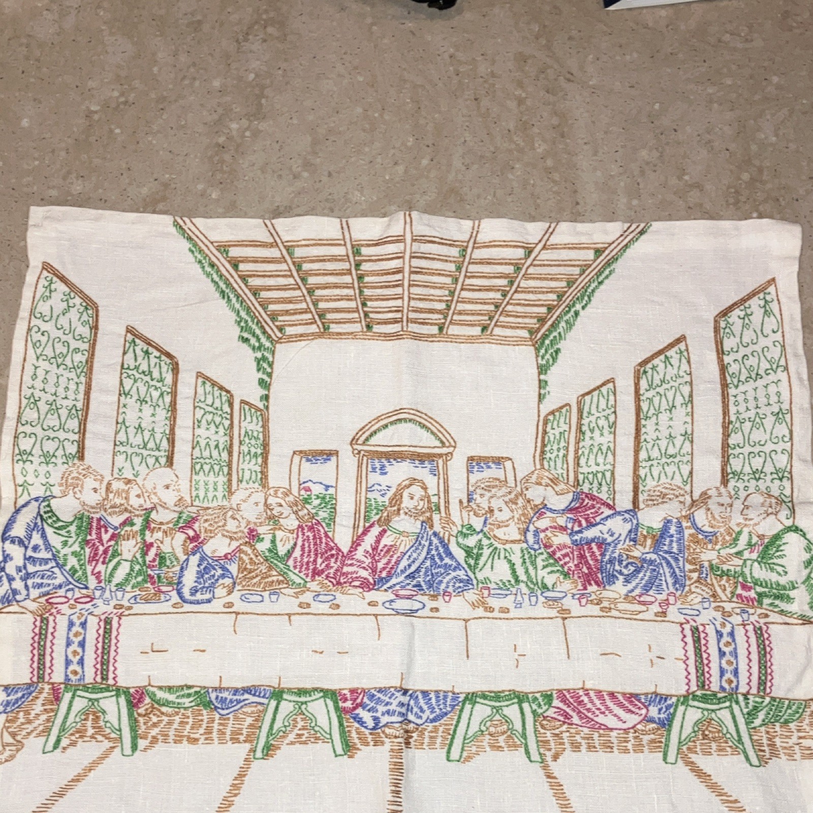 Vintage Handmade Embroidered Last Supper Wall Hanging Needlework Textile 