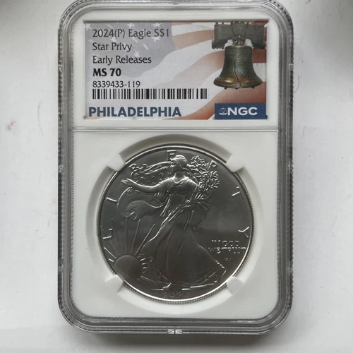 2024(P) SILVER EAGLE STAR PRIVY NGC MS 70 EARLY RELEASES, PERFECT COIN AND SLAB
