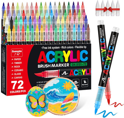 Guangna Acrylic Paint Markers Brush Tip, 72 Vivid Colors with Direct-Liquid Ink