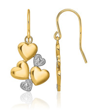 14K Solid Yellow Gold Heart Dangle Earrings
