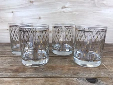 4 MCM Georges Briard Double Old Fashioned Glasses Gold Lattice Diamond Pattern
