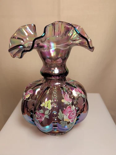 Fenton Purple Carnival Iridescent Beaded Melon Vase Signed Hand Painted
