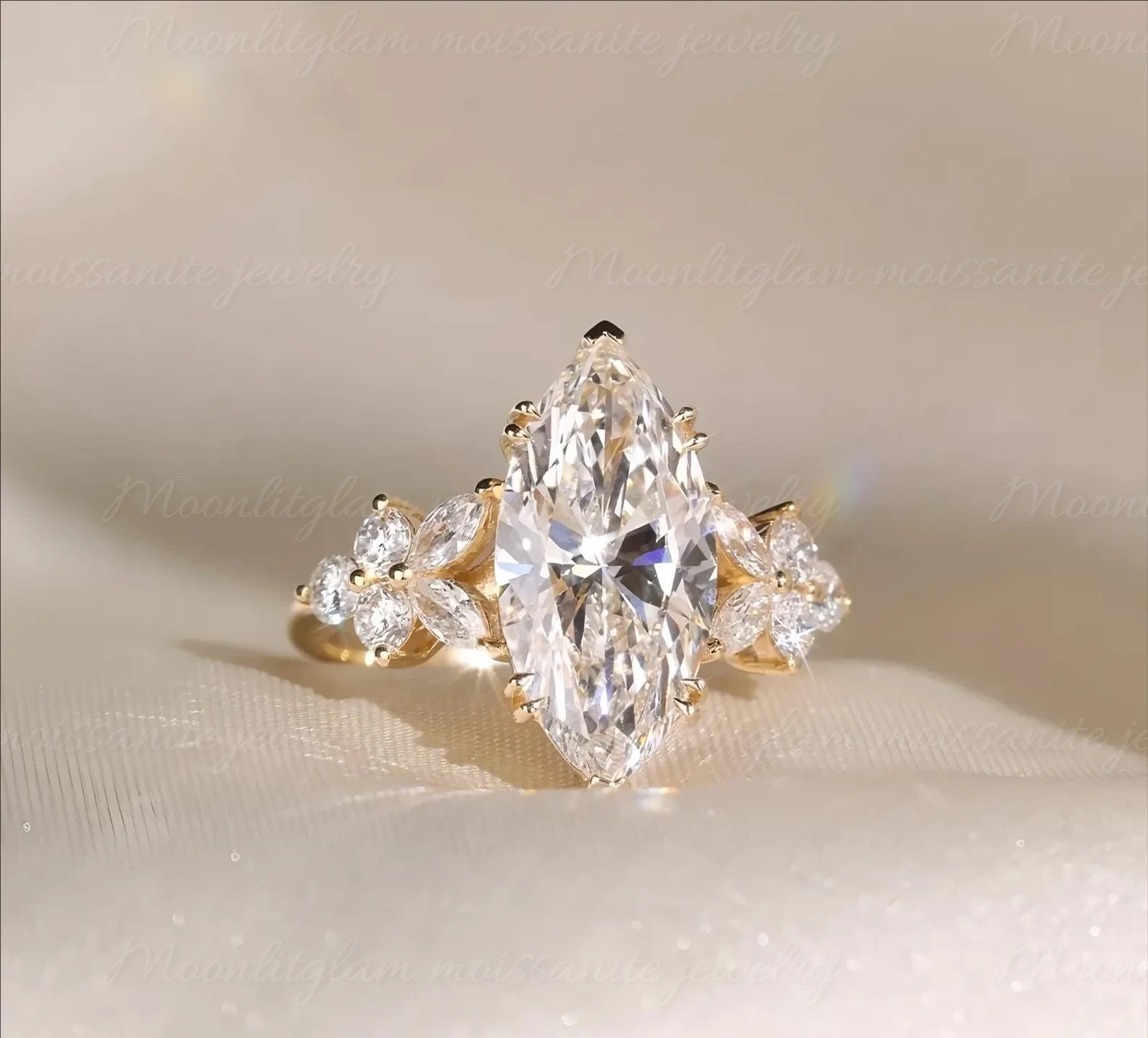 2.80 CTW Marquise Cut Moissanite Nature Inspired Ring 14K Yellow Gold Plated