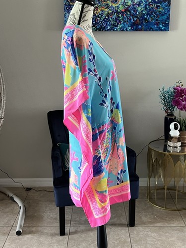 Lilly Pulitzer Silk Caftan Dress Sandstorm Shorely Blue Small Medium Kaftan New - Picture 4 of 5