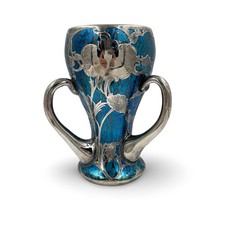 Loetz Art Nouveau 3-Handle Loving Cup Vase Blue Iridescent Glass W/ Silver Overl