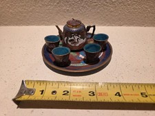 Vtge Chinese Cloisonne Blue Enameled Floral w Birds 6 Piece Miniature Tea Set
