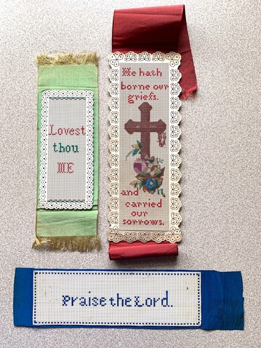 THREE antique religious ~~ PAPER PUNCH BOOKMARKs ~ LOVE PRAISE CROSS see pics