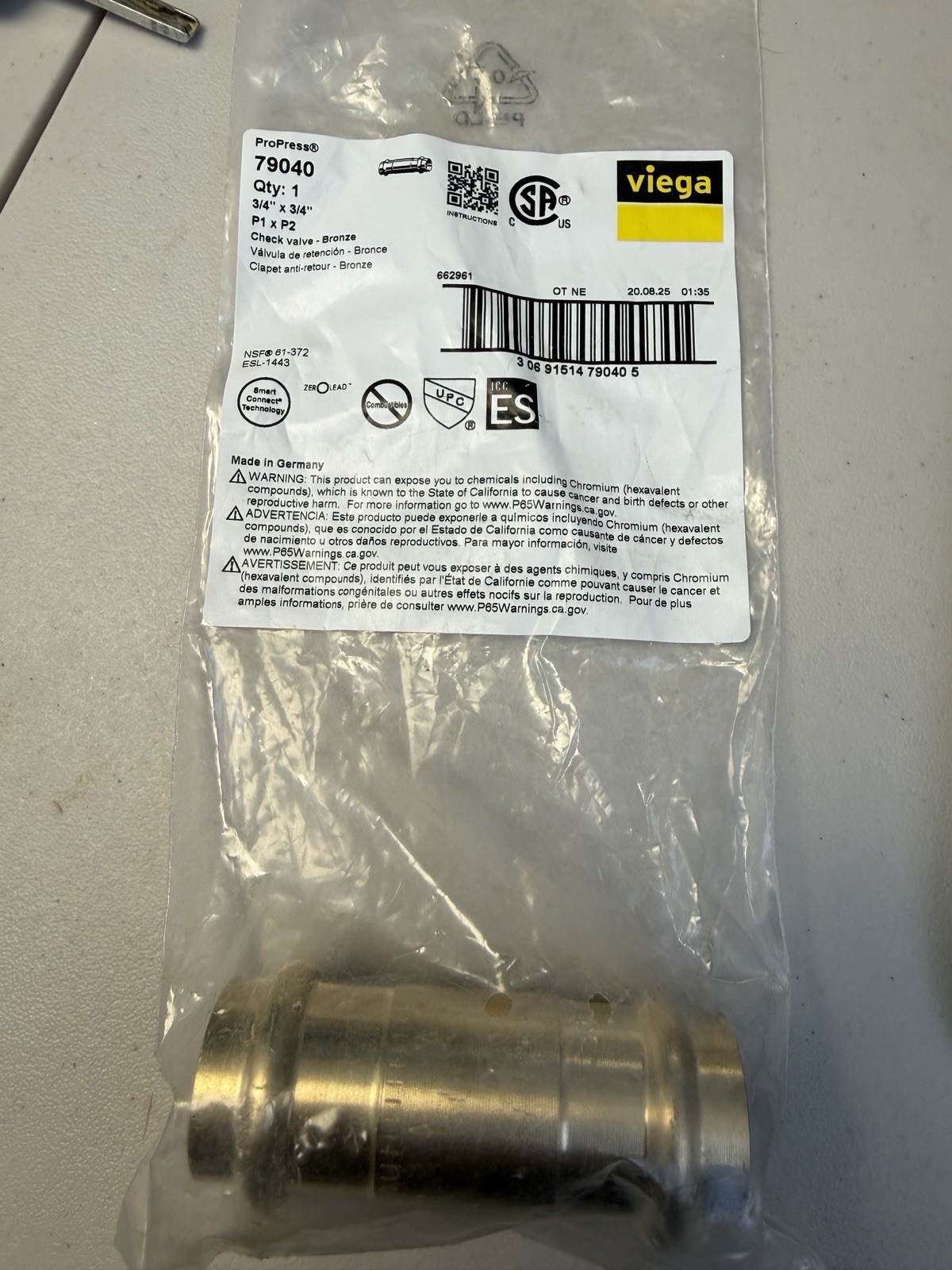 Viega ProPress 79040 3/4" Press Check Valve Inline spring