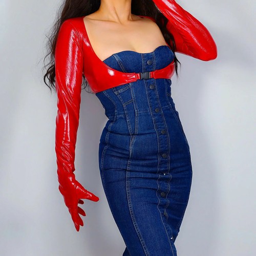 Guante de cuero sintético rojo con guantes para mujer Bolero Guantes Chaqueta de látex Corto Encogerse de hombros Jersey - Imagen 5 de 20