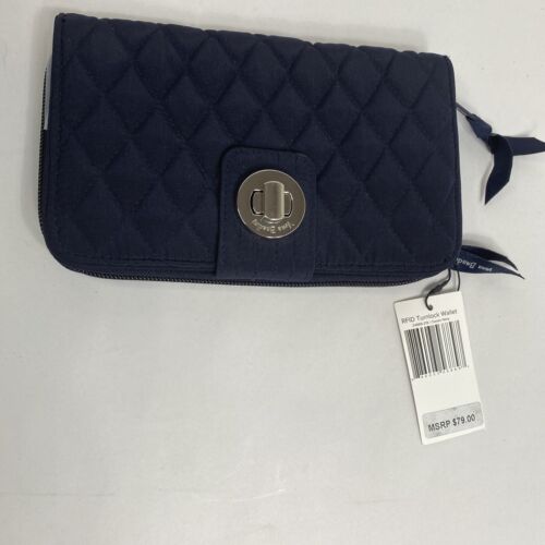 Vera Bradley RFID Turnlock Zip Wallet Microfiber NWT Classic Navy MSRP $79.00