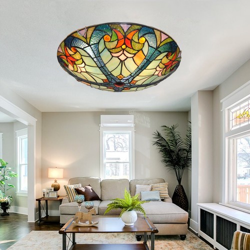 16" Tiffany Stained Glass Chandelier Flush Mount Ceiling Light Handmade Fixture - Picture 10 of 16