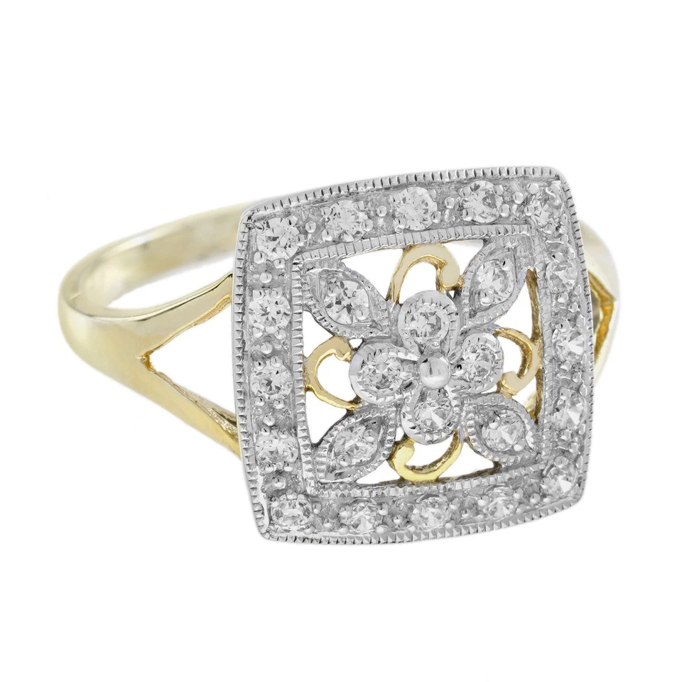 Diamond Vintage Style Floral Cluster Square Ring in 14K Two Tone Gold - Image 3 of 4