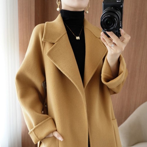 Women's Fall Trench Coats Lapel Long Loose Belted Wool Coats Cashmere Jackets