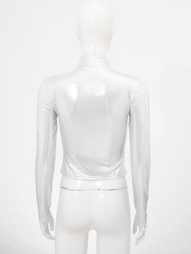 T-shirt donna crop top liquido metallizzato manica lunga lucida party clubwear - Foto 9 di 31