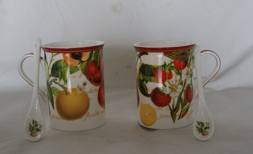 Set of 2 Fruit Garden Mugs Each with Spoon BNIB Made from Fine China - Picture 2 of 4