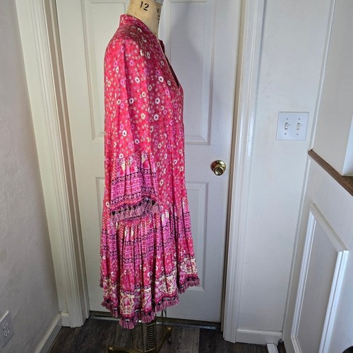 Floral Pink V Neck Tiered Shirt Tassels Womens Bohemian Dress L/XL - Picture 9 of 11
