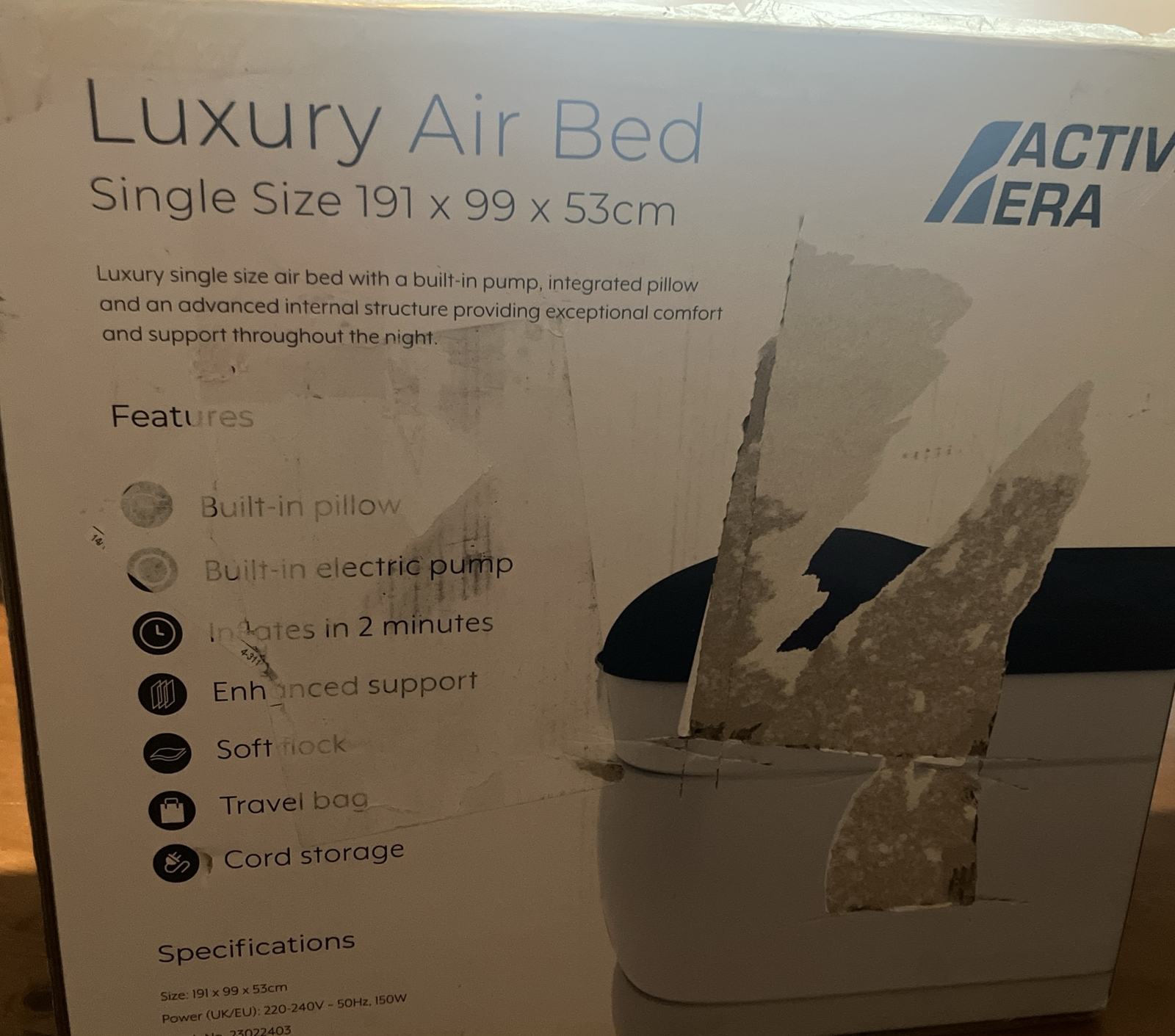 Active Era Luxury Single Air Bed with BuiltIn Electric Pump