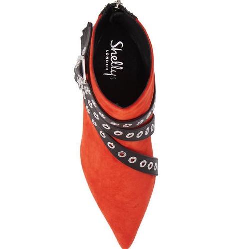 Botas Shellys London Frasier Rojo Gamuza Ojal Hebilla Correa Ángulo Tacón Bloque - Imagen 5 de 6