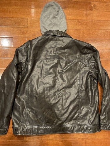 Levi's Jacket Mens XL Faux Leather Hoodie Full Zip Black Gray Quilted Lining - Picture 12 of 14