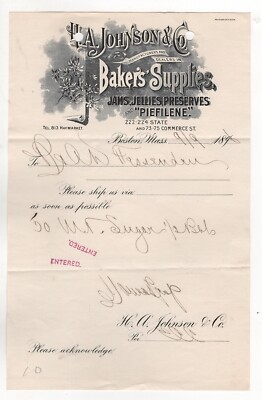 1896 H.A JOHNSON CO BAKERS SUPPLIES BILLHEAD JELLIES JAMS COMMERCE ST BOSTON MA