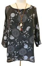 Italian Floral Necklace Tunic Top One Size UK 12-18 Round Neck Cotton Black New