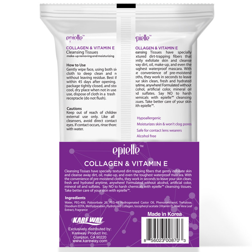 epielle® Collagen & Vitamin E MakeUp Remover Cleansing Tissues60ct