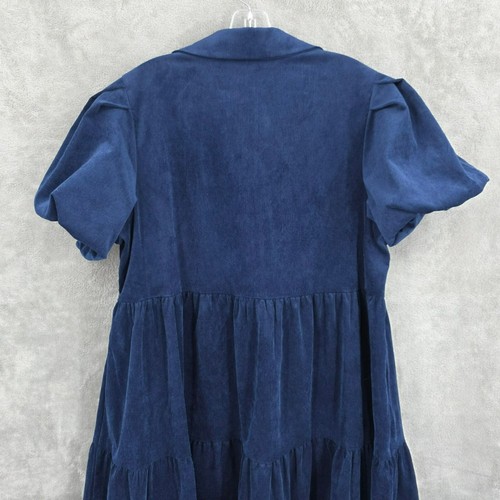 Vestido midi Crown Ivy de pana en capas 1X Harbor azul marino manga abullonada botones nuevo - Imagen 8 de 10