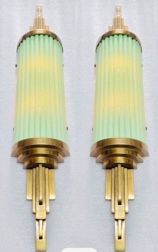 Pair of 2 Wall Art Deco Brass & Green Glass Ship Sconces Light & Antique Lamps - Picture 3 of 3