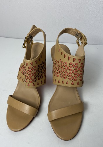 Rebecca Minkoff Women Perforated Leather Wedge Tan/ Pink Ankle Strap Size 8.5 - Picture 4 of 8