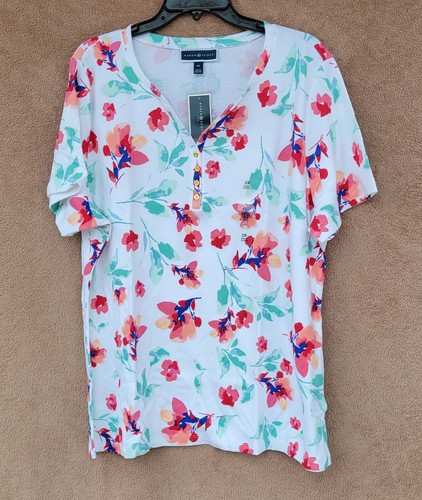*NEW* Karen Scott Colorful Floral on White Top Henley Neck Short Sleeve - NWT - Picture 14 of 19