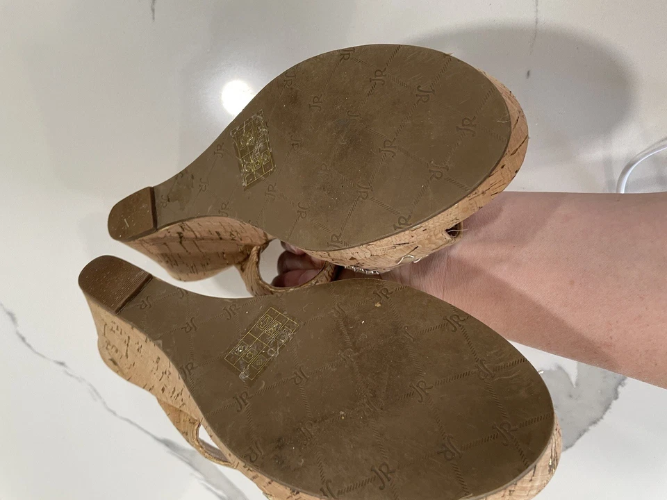 Jack Rogers Leather Tan Cork Wedge Sandals and Gold Trim 6.5 - Image 3 of 4