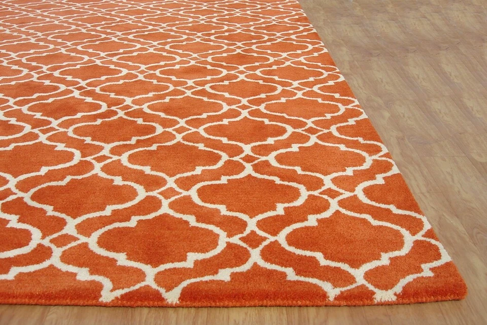 Alfombra Ryana Scroll Azulejo Enrejado Naranja Moderna Mechonada a Mano 100% Lana Foto 2 de 4