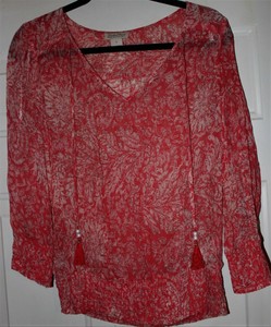 Lucky-Brand-Small-Top-Sheer-Peasant-Shirt-Women-s-Red-White-Paisley-Blouse-Boho