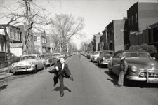 Kids street have fun play baseball; one them wearing baseball glov- Old Photo