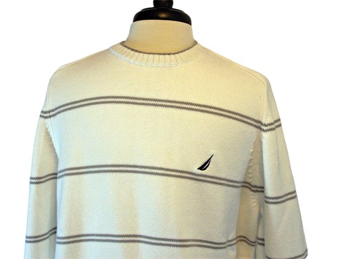 Nautica Sweater Men's Medium M Crewneck White with Gray Stripes 100% Cotton Logo - Picture 5 of 10