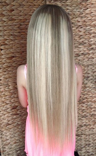 Echthaar Perücke Front Lace Wig glatt highlights ombre blond Strähnchen Damen - Bild 5 von 7