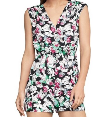 NWT $158 BCBG MAXAZRIA Surplice Floral Romper Black Combo