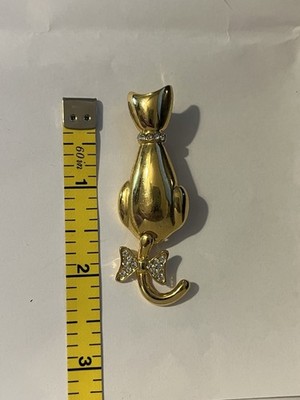 Gold Cat Brooch Pin with Clear Rhinestone Bow, Metal, 3 Inch Animal Theme