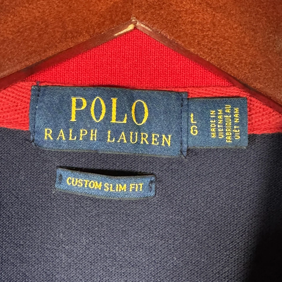 Ralph Lauren Polo Shirt Mens L Blue Custom Slim Fit Rugby Kicker Bear USA Flag - Image 4 of 4