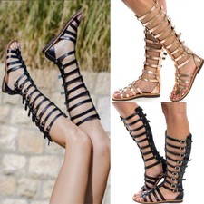 Ladies Women Knee High Cut Out Lace Tie Up Flat Sandals  Gladiator  Summer Shoes