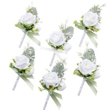 6 PCS White Boutonniere, Men, Groom, Groomsmen, Artificial Flowers, Wedding